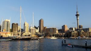 photo of the Auckland Port skyline in the rising sun - photo by Scout 58