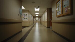 a typical long, long interior corridor in a hospital with tan walls and floor and square fluorescent lights in the ceiling