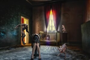 A woman in a black dress and black heels sits bent forward in a small chair, hands behind her head. The room appears to be a dark, spooky, empty nursery with an empty crib by a window. Four bizarre monsters are in the room, and seem to be approaching her.