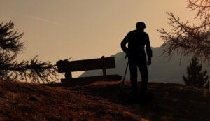 Silhouette of an elderly man walking with a cane in the shadows at sunset, on a hill with a bench nearby and the edges of pine tree branches in the foreground. Shadowy mountains are in the distance behind him.