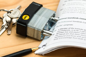 a photo of a Yale-brand metal padlock with keys with the shackle looped through a paper contract